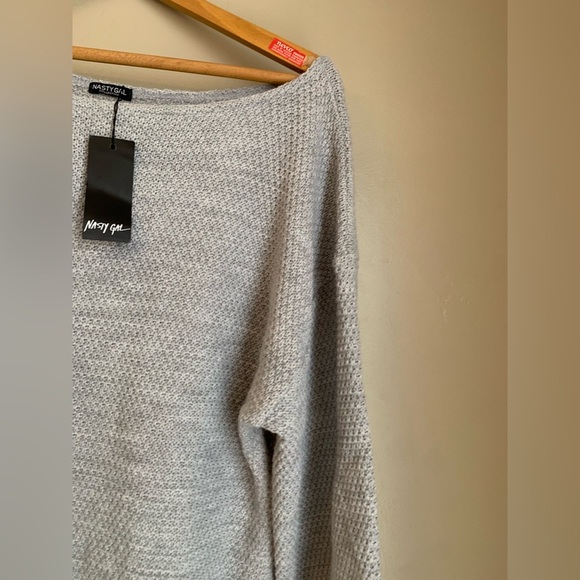 Nasty Gal Sweater Womens Medium Puff Sleeve Fuzzy WideNeck Pullover Boho Gray - Picture 6 of 9